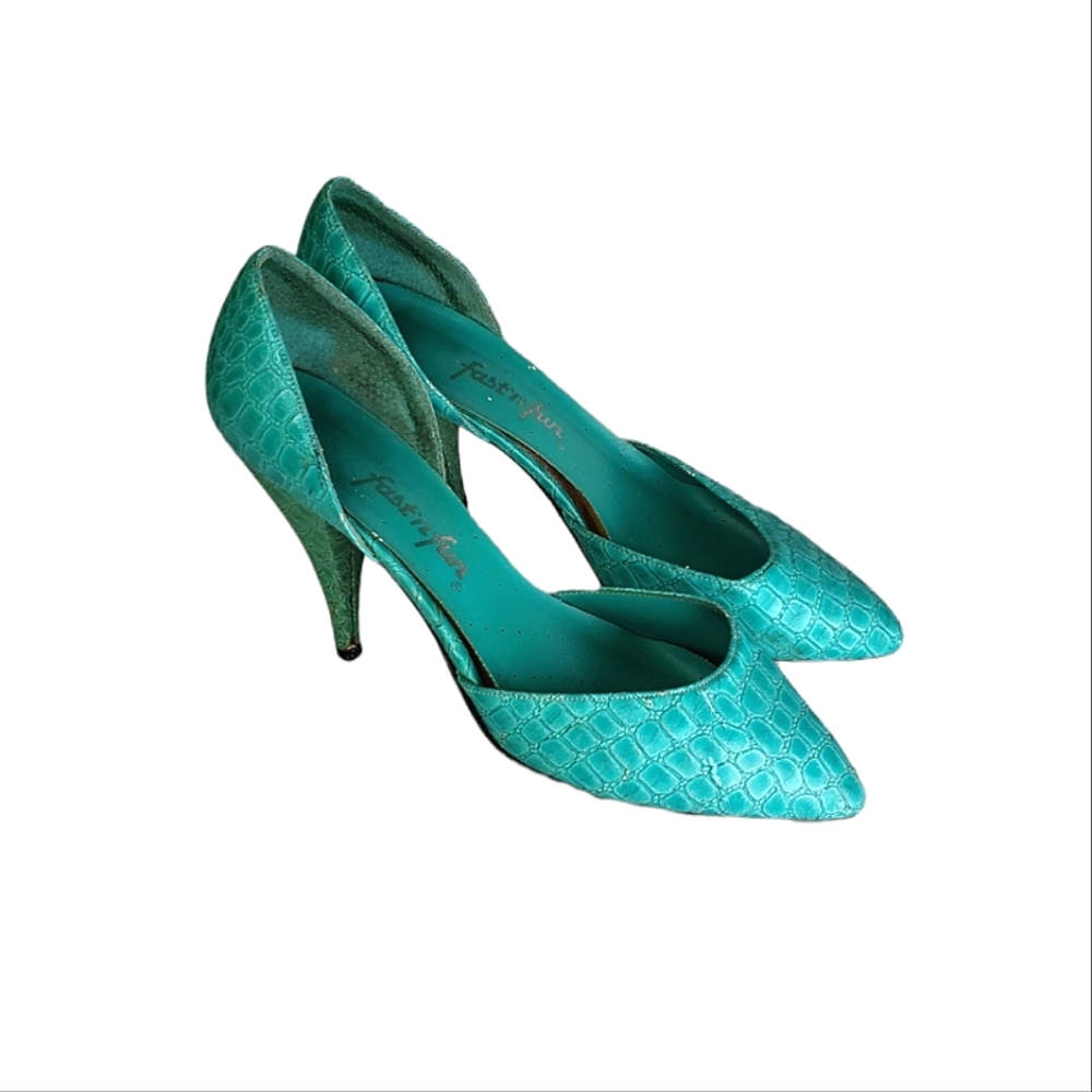 Vintage Bright Turquoise 80s Glam Faux Snakeskin Pumps